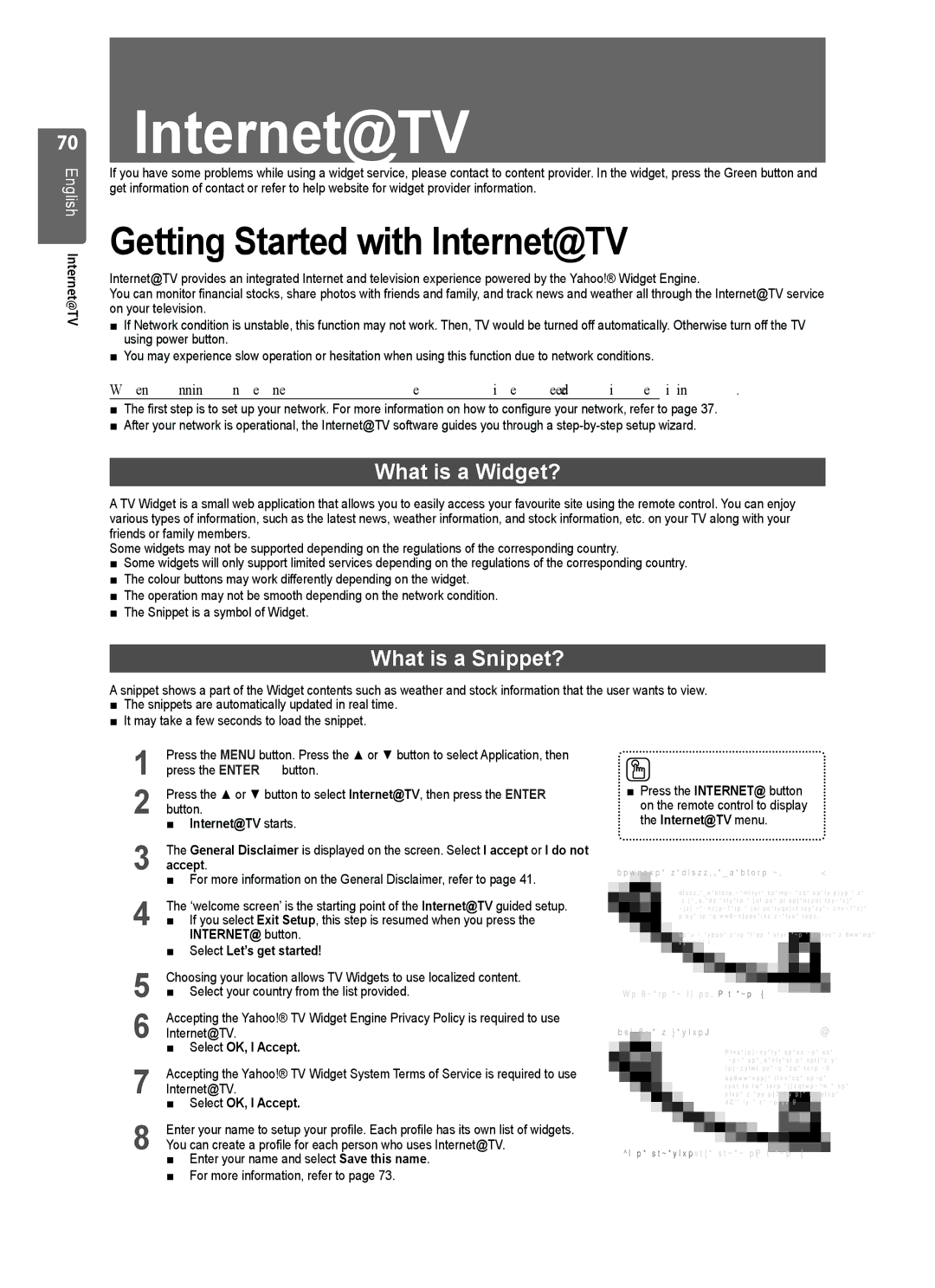 Samsung UE55B7020WWXXH, UE55B7020WWXXC manual Getting Started with Internet@TV, What is a Widget?, What is a Snippet? 