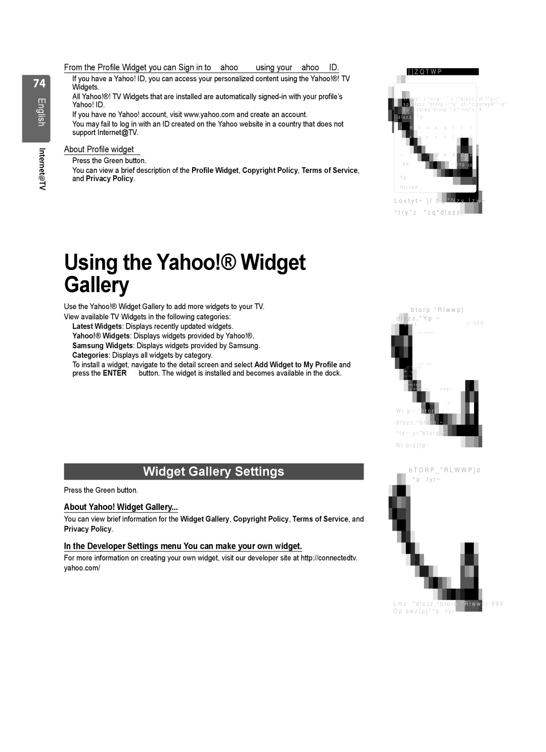 Samsung UE55B7000WWXXC manual Widget Gallery Settings, About Profile widget, About Yahoo! Widget Gallery, Privacy Policy 