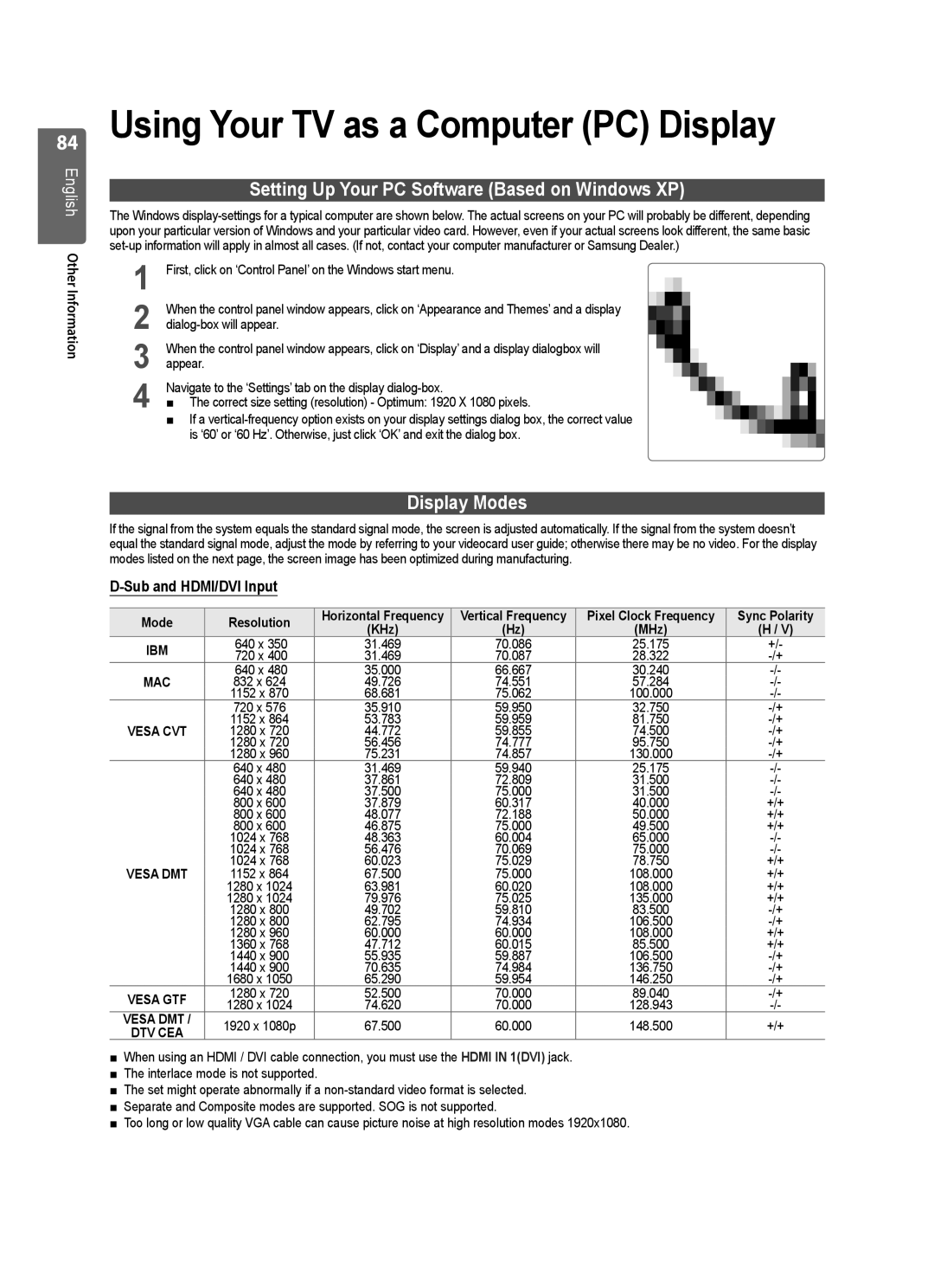 Samsung UE55B7020WWXXU manual Using Your TV as a Computer PC Display, Setting Up Your PC Software Based on Windows XP 