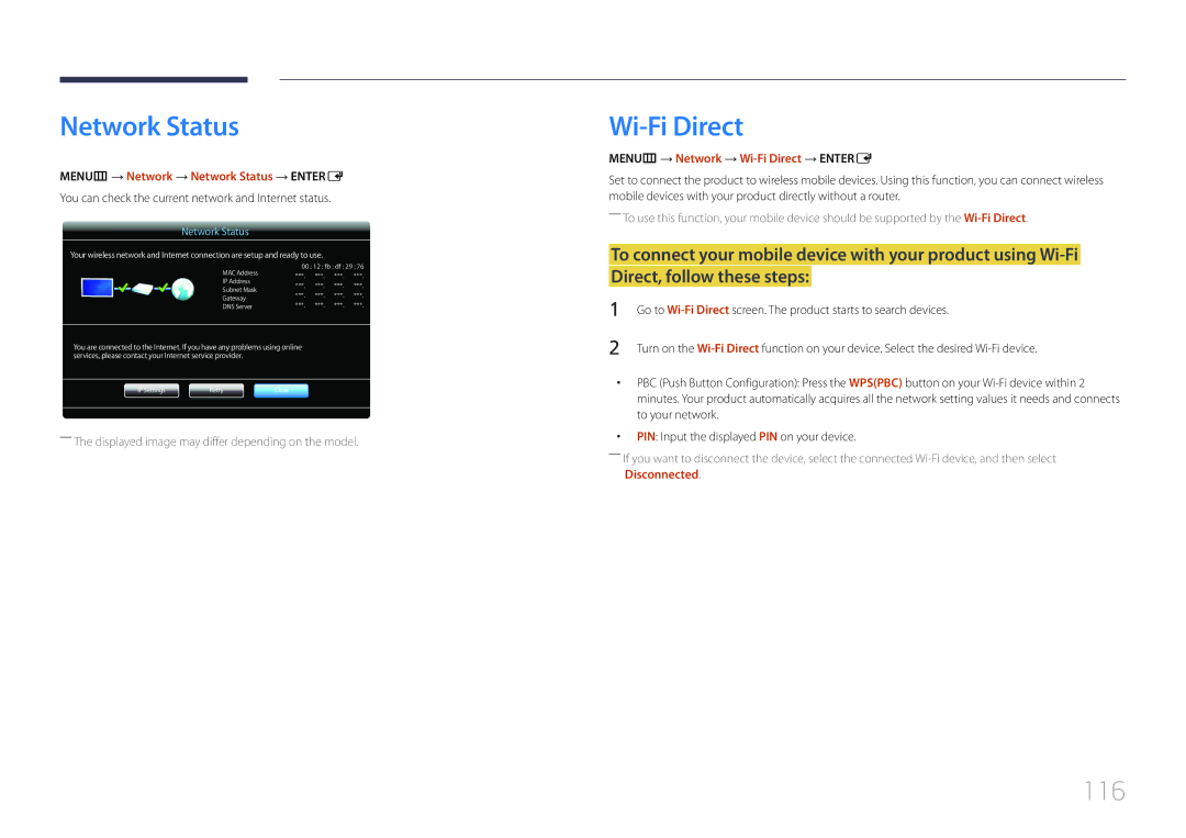 Samsung UE55C, UE46C 116, MENUm → Network → Network Status → Entere, MENUm → Network → Wi-Fi Direct → Entere 