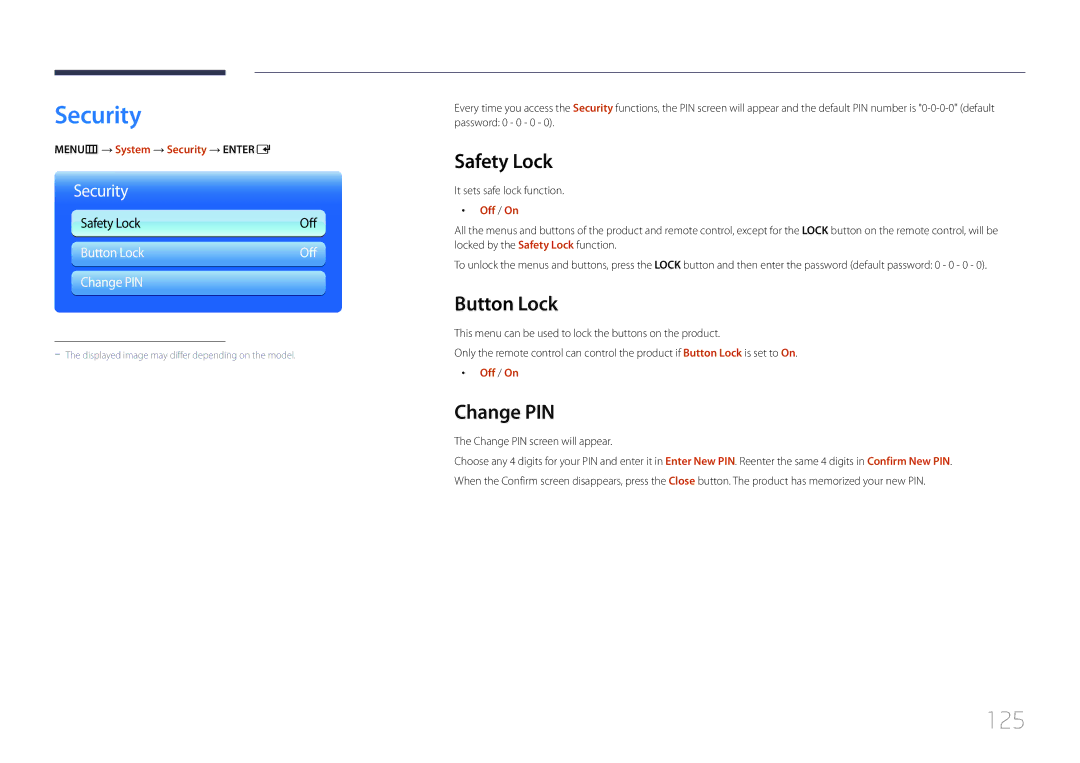 Samsung UE46C, UE55C user manual Security, 125, Safety Lock, Button Lock, Change PIN 