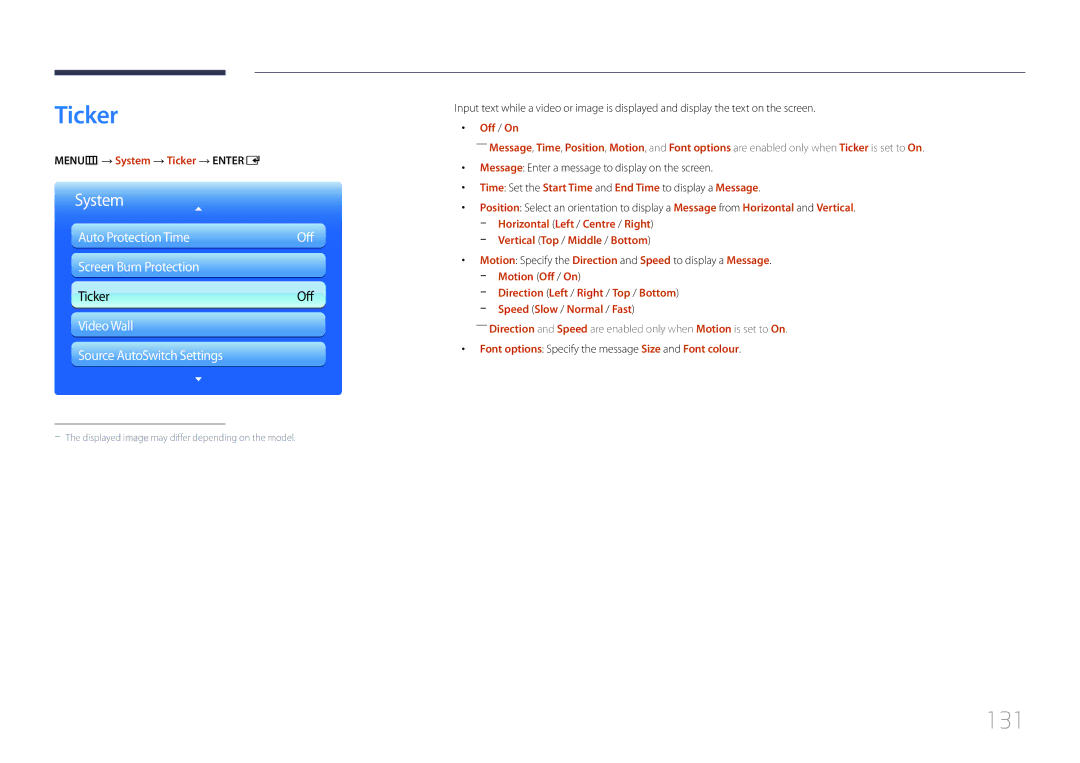 Samsung UE46C, UE55C user manual 131, MENUm → System → Ticker → Entere, Vertical Top / Middle / Bottom 