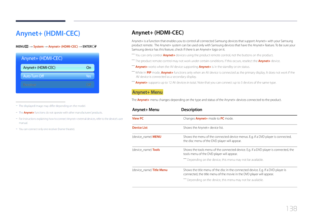 Samsung UE55C, UE46C user manual Anynet+ HDMI-CEC, 138, Anynet+ Menu 