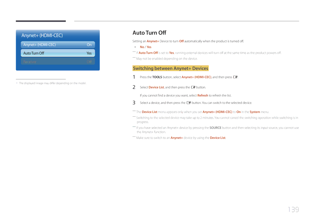 Samsung UE46C, UE55C user manual 139, Auto Turn Off, Switching between Anynet+ Devices, No / Yes 