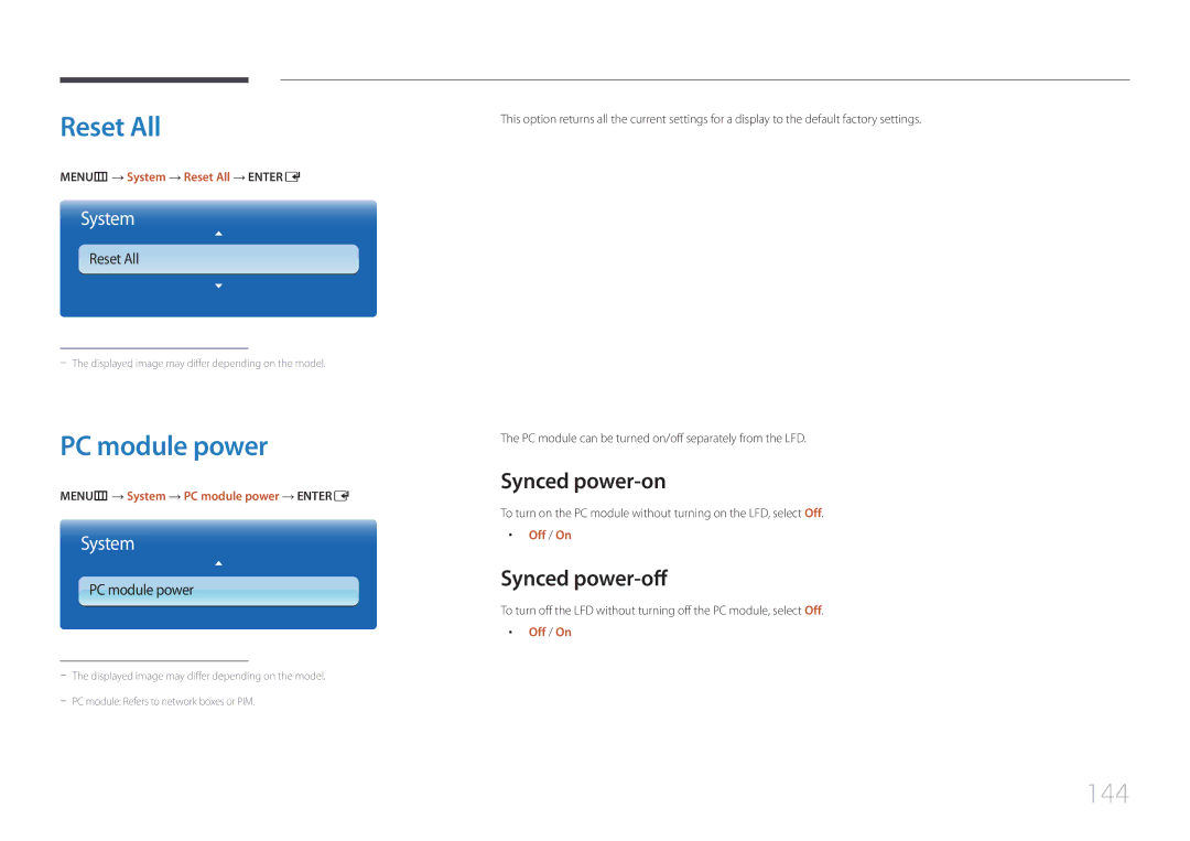 Samsung UE55C, UE46C user manual Reset All, PC module power, 144, Synced power-on, Synced power-off 