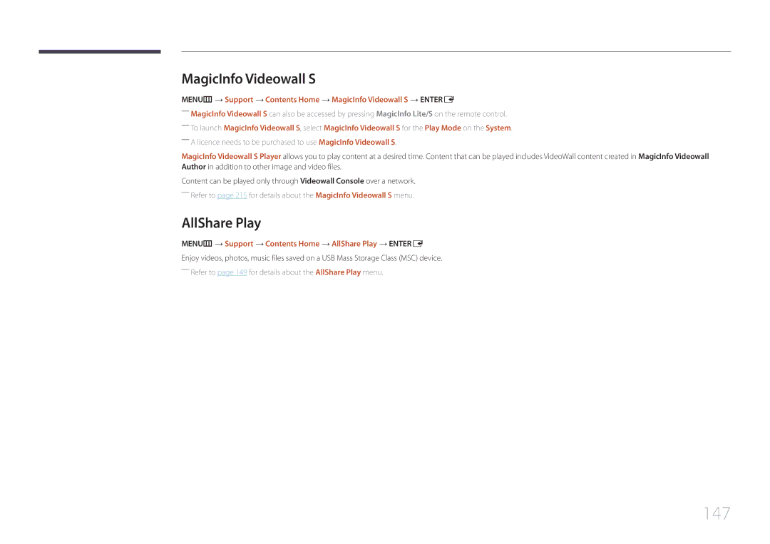 Samsung UE46C, UE55C user manual 147, MagicInfo Videowall S, AllShare Play 