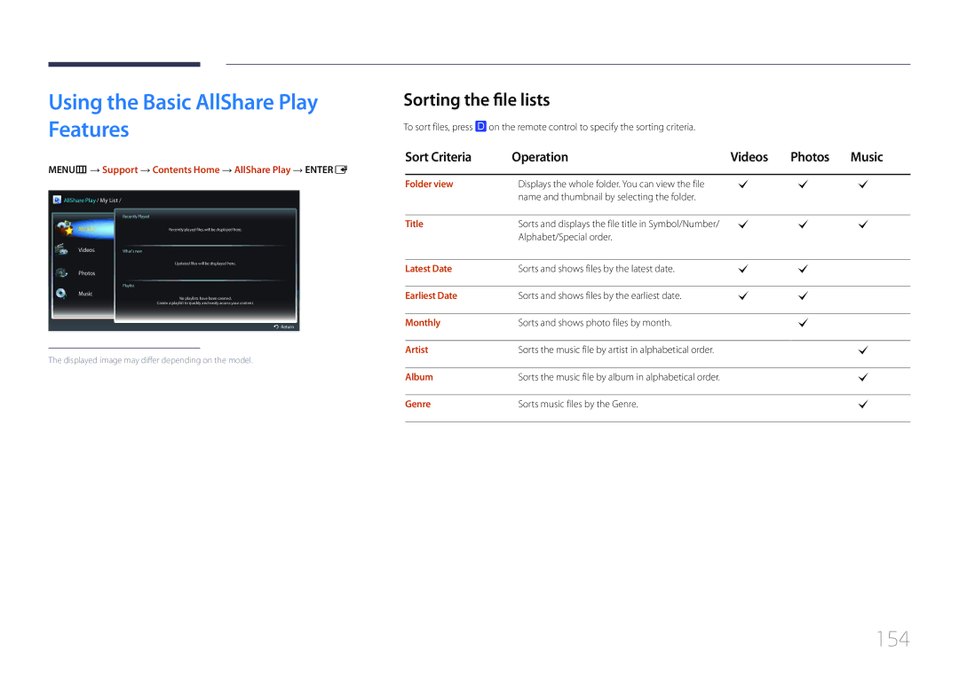 Samsung UE55C, UE46C user manual Using the Basic AllShare Play Features, 154, Sorting the file lists 