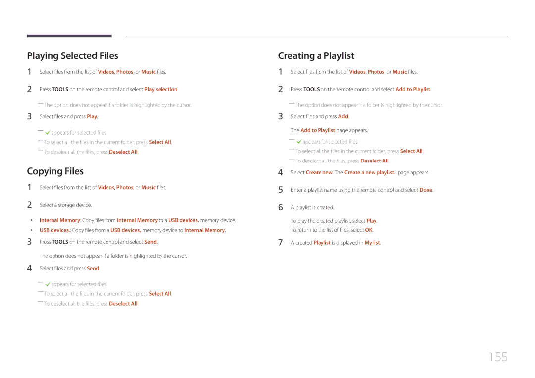 Samsung UE46C, UE55C user manual 155, Playing Selected Files, Copying Files, Creating a Playlist 