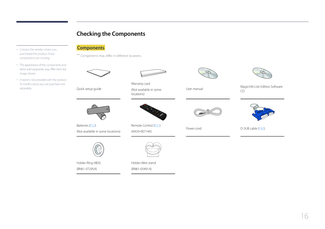 Samsung UE55C, UE46C user manual Checking the Components 