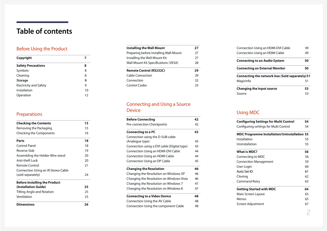 Samsung UE55C, UE46C user manual Table of contents 