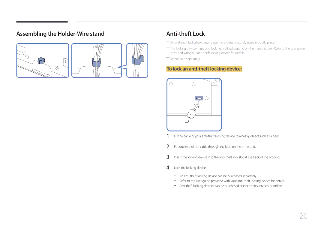 Samsung UE55C, UE46C user manual Assembling the Holder-Wire stand, To lock an anti-theft locking device 