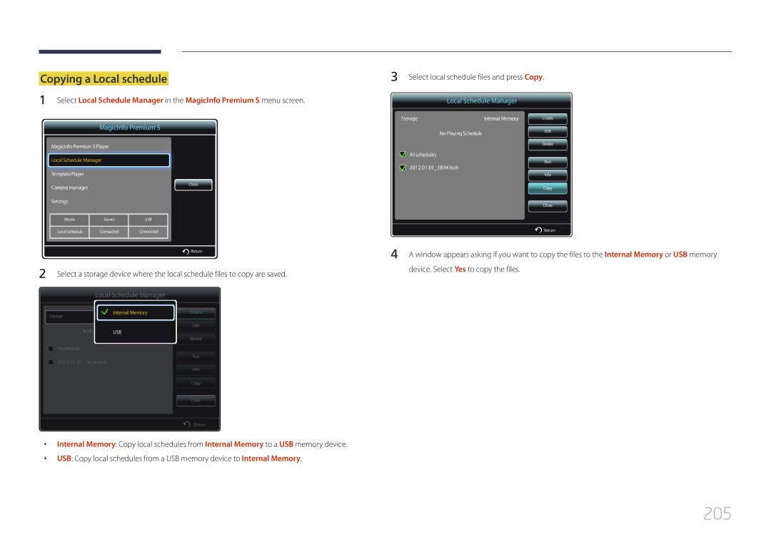 Samsung UE46C, UE55C user manual 205, Copying a Local schedule 