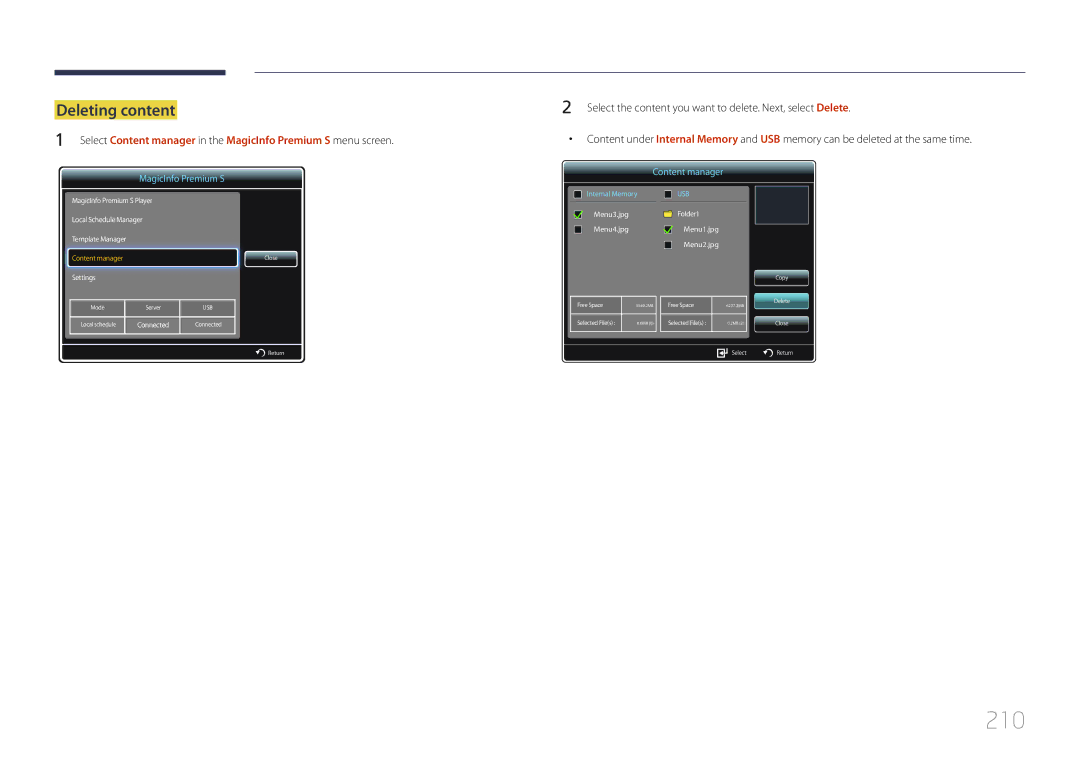 Samsung UE55C, UE46C user manual 210, Deleting content 