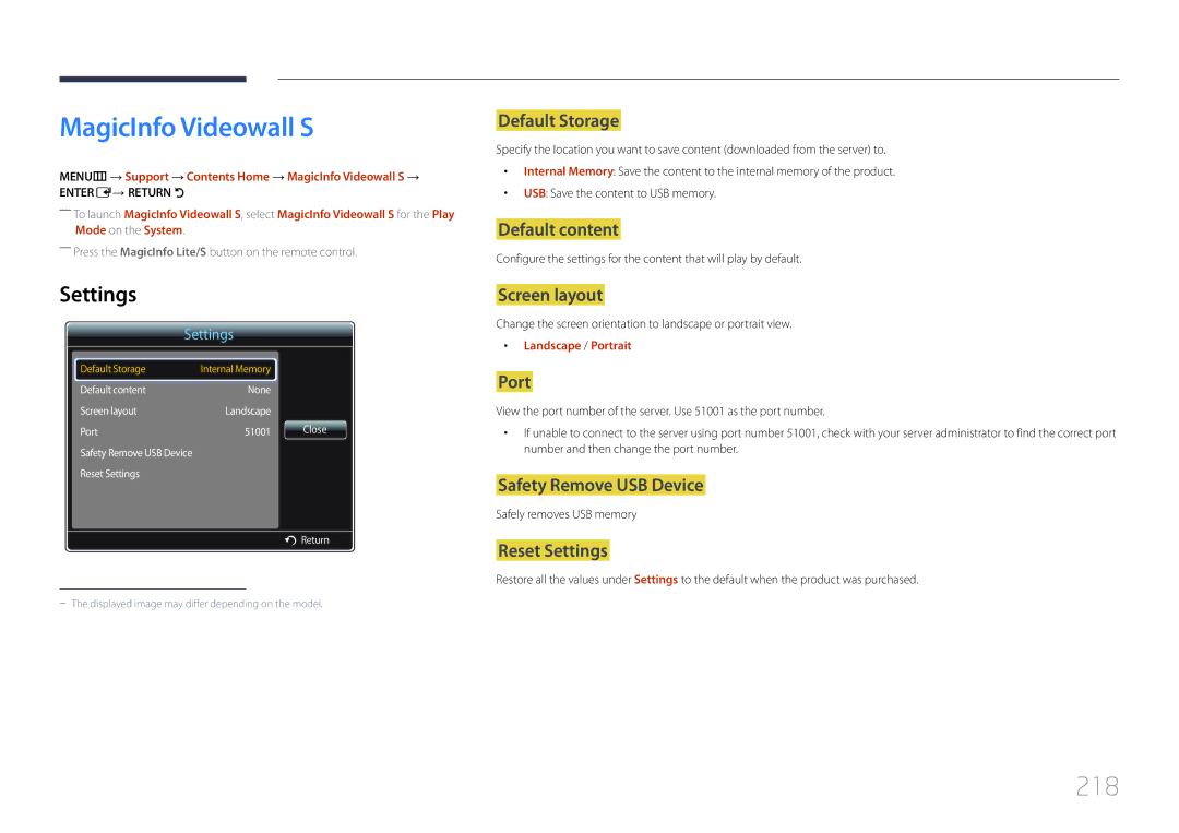 Samsung UE55C, UE46C user manual 218, Default Storage, Port, MENUm → Support → Contents Home → MagicInfo Videowall S → 