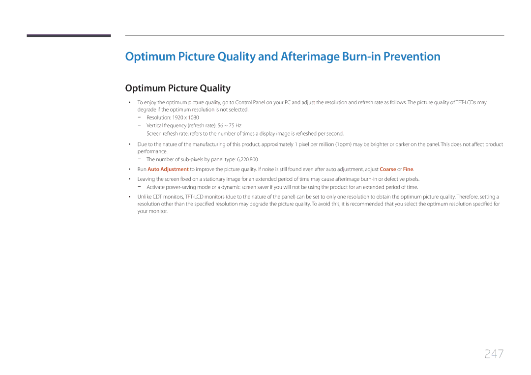 Samsung UE46C, UE55C user manual Optimum Picture Quality and Afterimage Burn-in Prevention, 247 