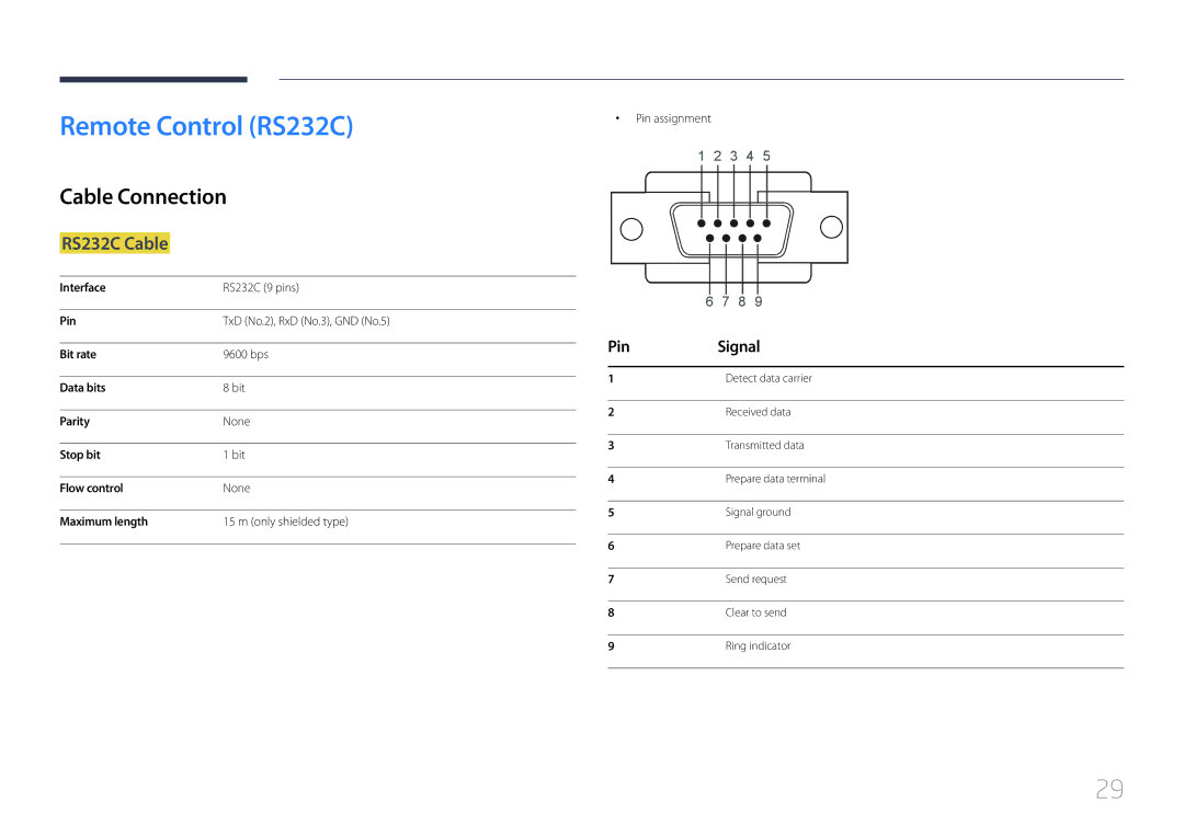 Samsung UE46C, UE55C user manual Remote Control RS232C, Cable Connection, RS232C Cable, Pin Signal, Pin assignment 