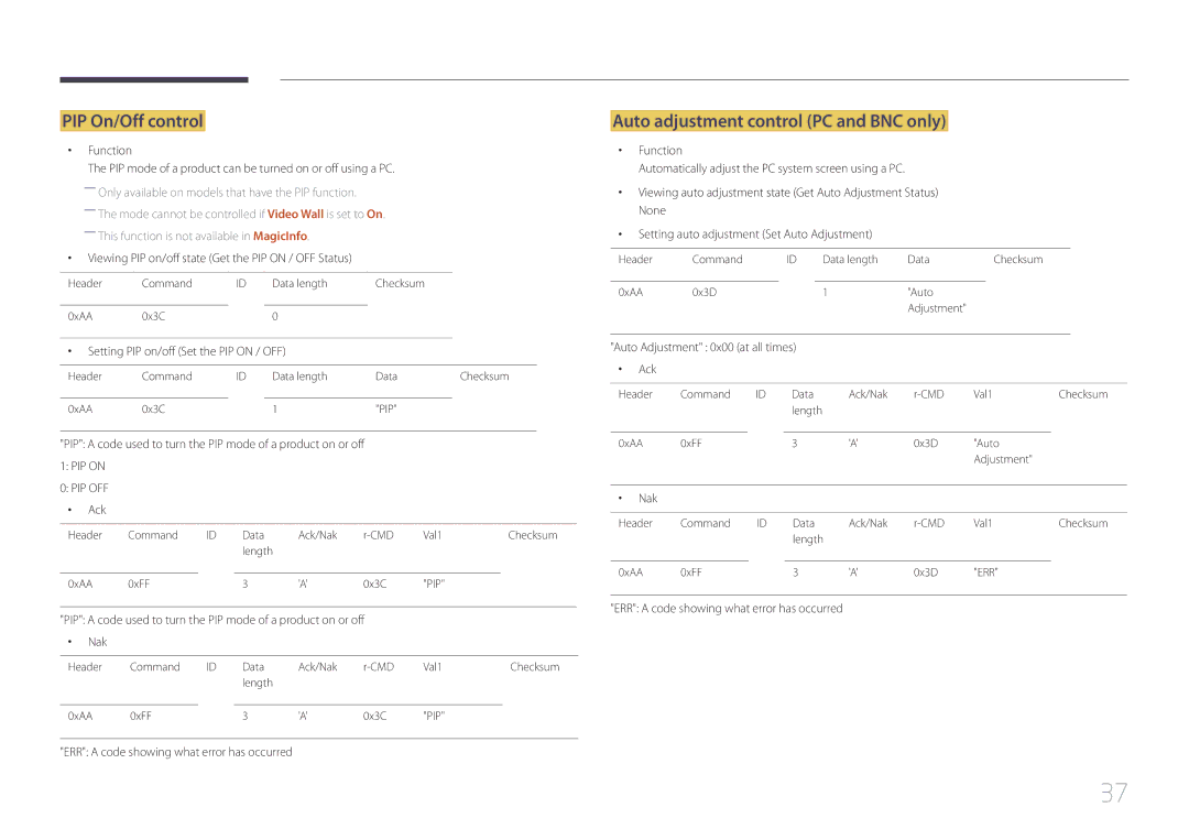 Samsung UE46C, UE55C user manual PIP On/Off control, Auto adjustment control PC and BNC only 