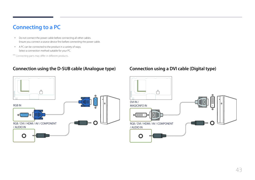 Samsung UE46C, UE55C user manual Connecting to a PC, Connection using the D-SUB cable Analogue type 