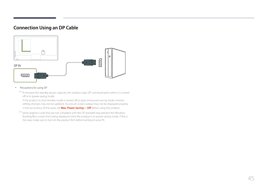 Samsung UE46C, UE55C user manual Connection Using an DP Cable, Precautions for using DP 