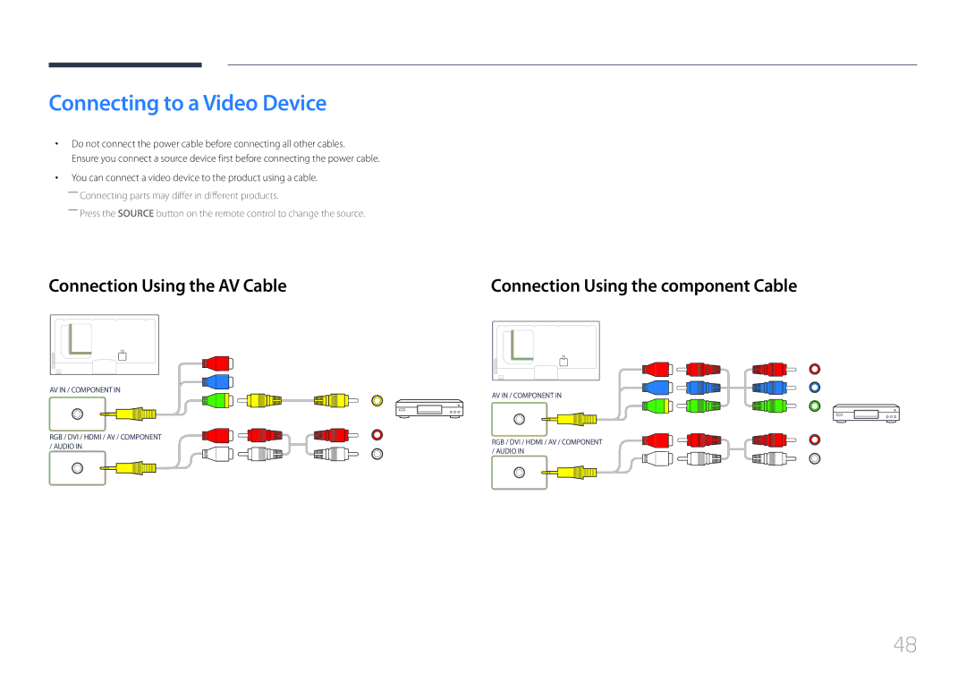 Samsung UE55C, UE46C Connecting to a Video Device, Connection Using the AV Cable, Connection Using the component Cable 