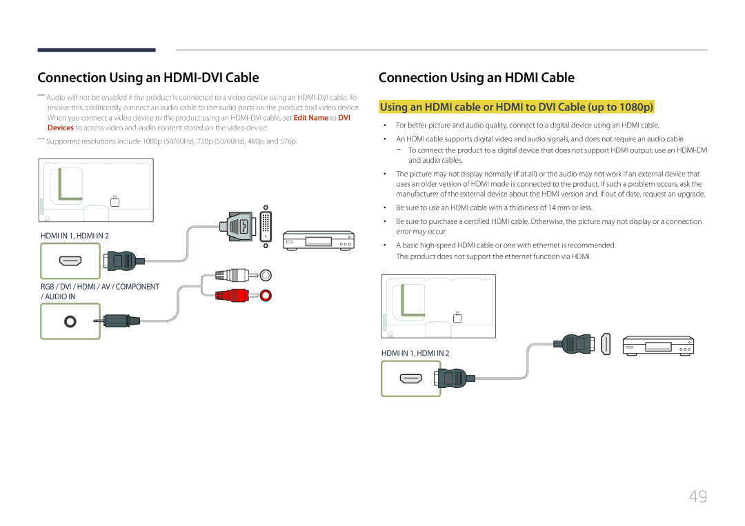 Samsung UE46C, UE55C user manual Connection Using an Hdmi Cable, Using an Hdmi cable or Hdmi to DVI Cable up to 1080p 