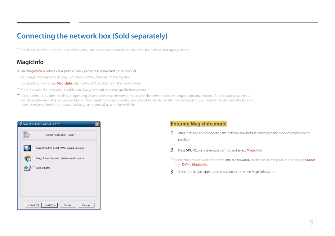 Samsung UE46C, UE55C user manual Connecting the network box Sold separately, Entering MagicInfo mode, Product 