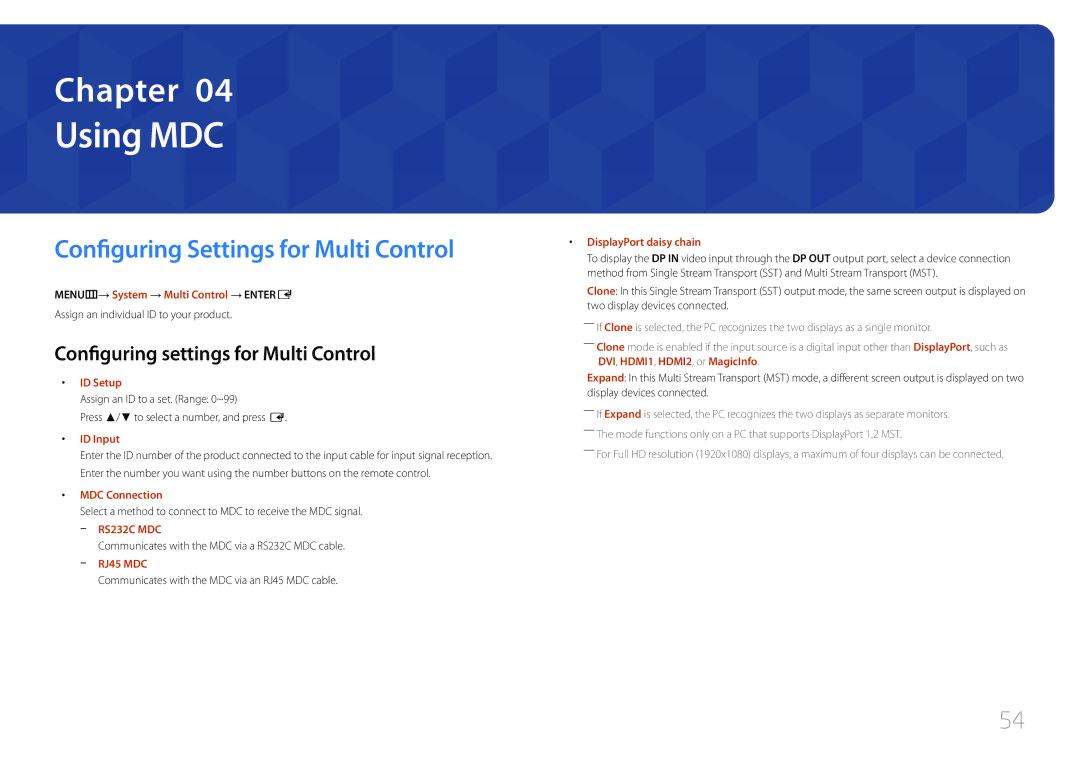 Samsung UE55C, UE46C user manual Using MDC, Configuring Settings for Multi Control, Configuring settings for Multi Control 