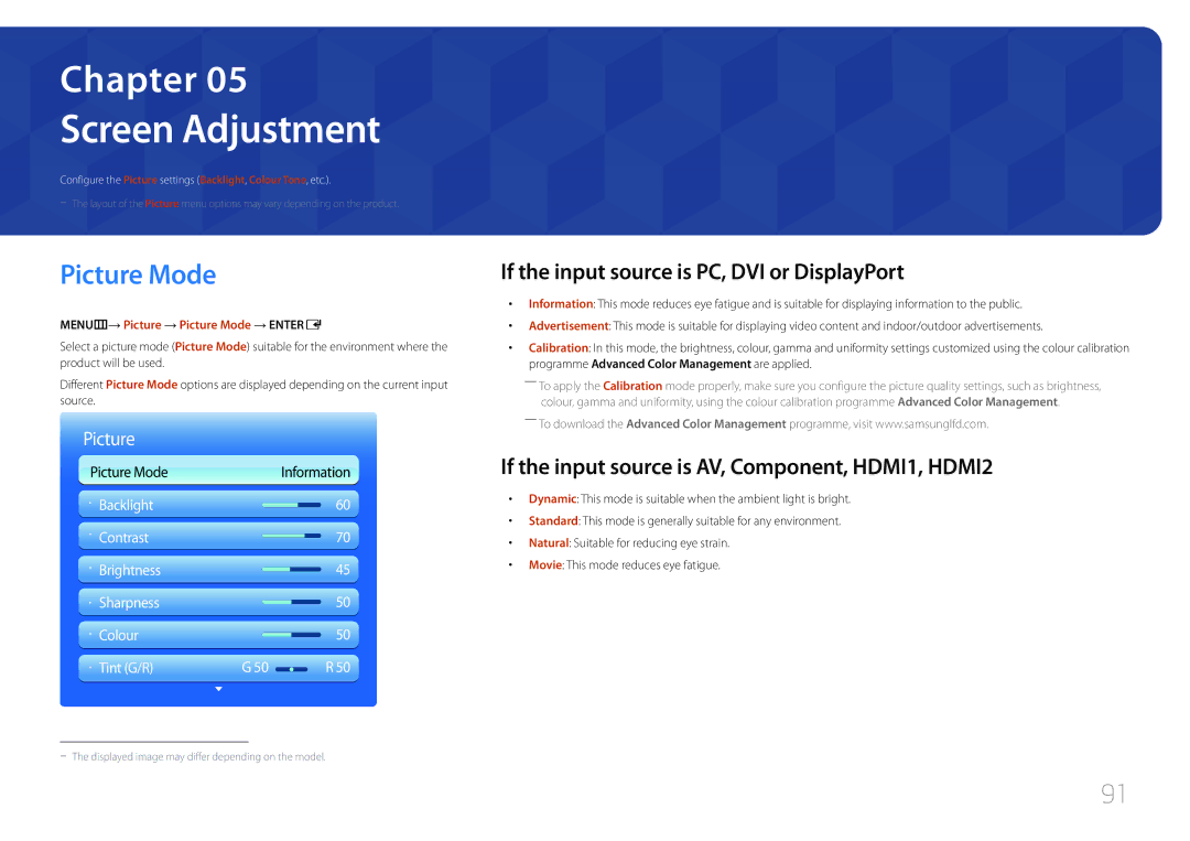 Samsung UE46C, UE55C user manual Screen Adjustment, Picture Mode, If the input source is PC, DVI or DisplayPort 