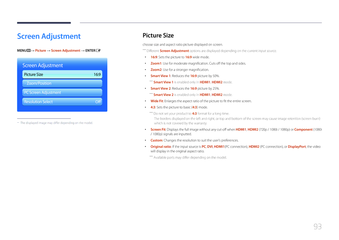 Samsung UE46C, UE55C user manual Picture Size, MENUm→ Picture → Screen Adjustment → Entere 