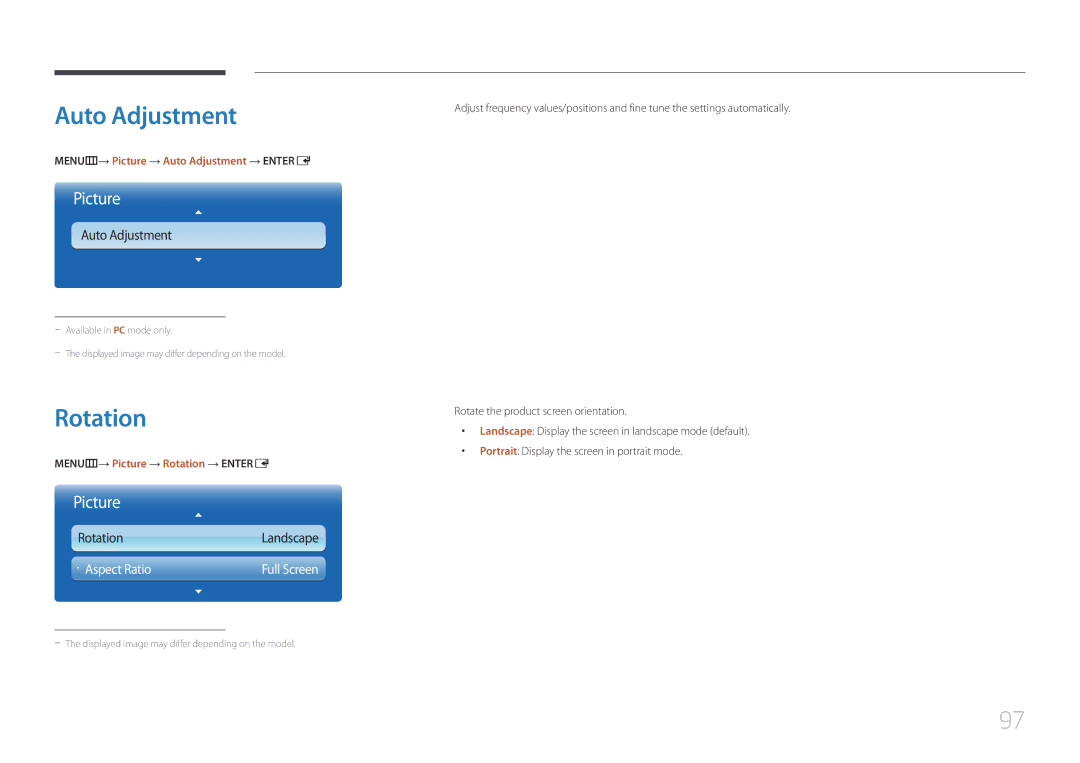 Samsung UE46C, UE55C user manual MENUm→ Picture → Auto Adjustment → Entere, MENUm→ Picture → Rotation → Entere 