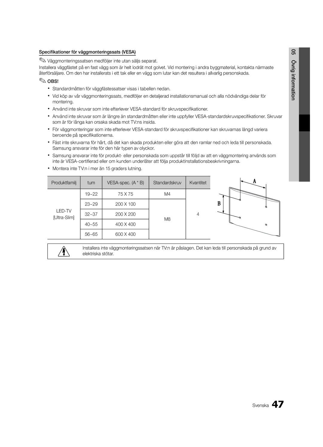 Samsung UE37C6005RWXXE Standardskruv Kvantitet, 19~22 75 X 23~29 200 X, 32~37 200 X Ultra-Slim 40~55 400 X 56~65 600 X 