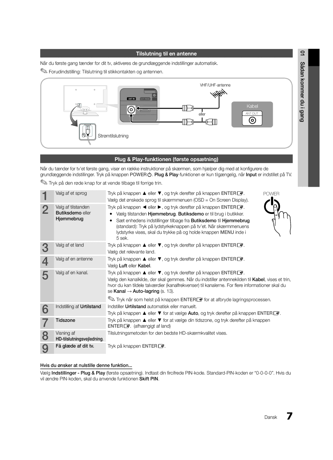 Samsung UE55C6005RWXXE manual Tilslutning til en antenne, Plug & Play-funktionen første opsætning, Få glæde af dit tv 