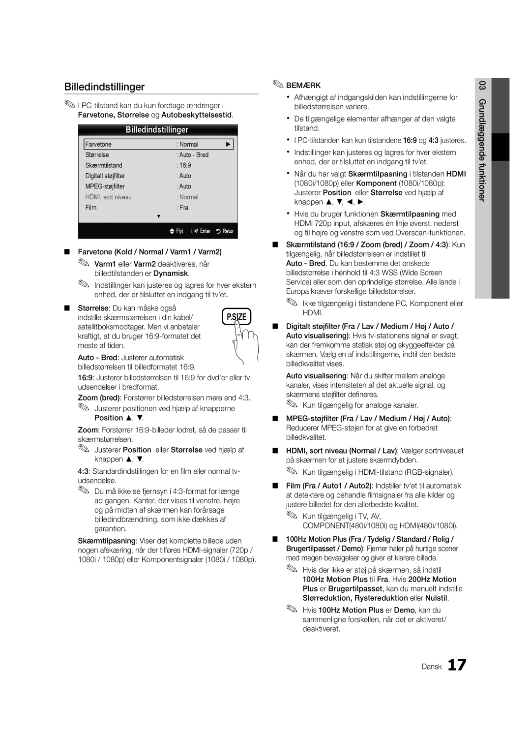 Samsung UE55C6005RWXXE manual Billedindstillinger, Størrelse Du kan måske også, Indstille skærmstørrelsen i din kabel 