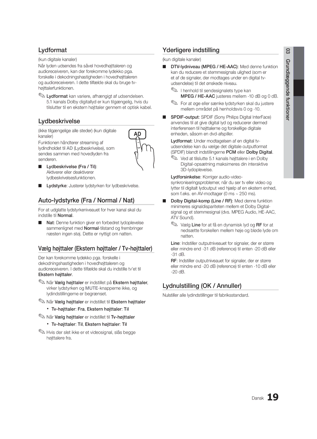 Samsung UE40C6005RWXXE manual Lydformat, Lydbeskrivelse, Auto-lydstyrke Fra / Normal / Nat, Yderligere indstilling 