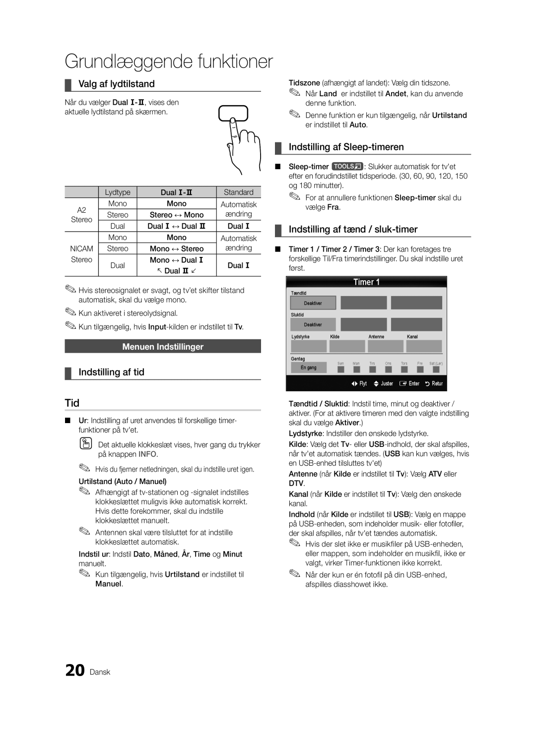 Samsung UE32C6005RWXXE manual Valg af lydtilstand, Indstilling af tid, Indstilling af Sleep-timeren, Menuen Indstillinger 