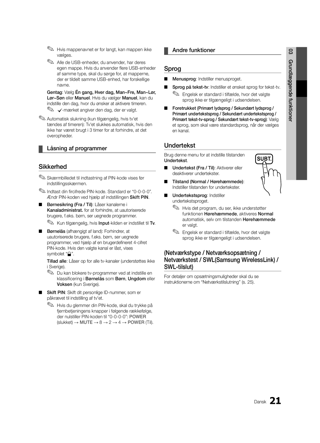 Samsung UE46C6005RWXXE, UE55C6005RWXXE manual Sikkerhed, Sprog, Undertekst, Netværkstype / Netværksopsætning, SWL-tilslut 