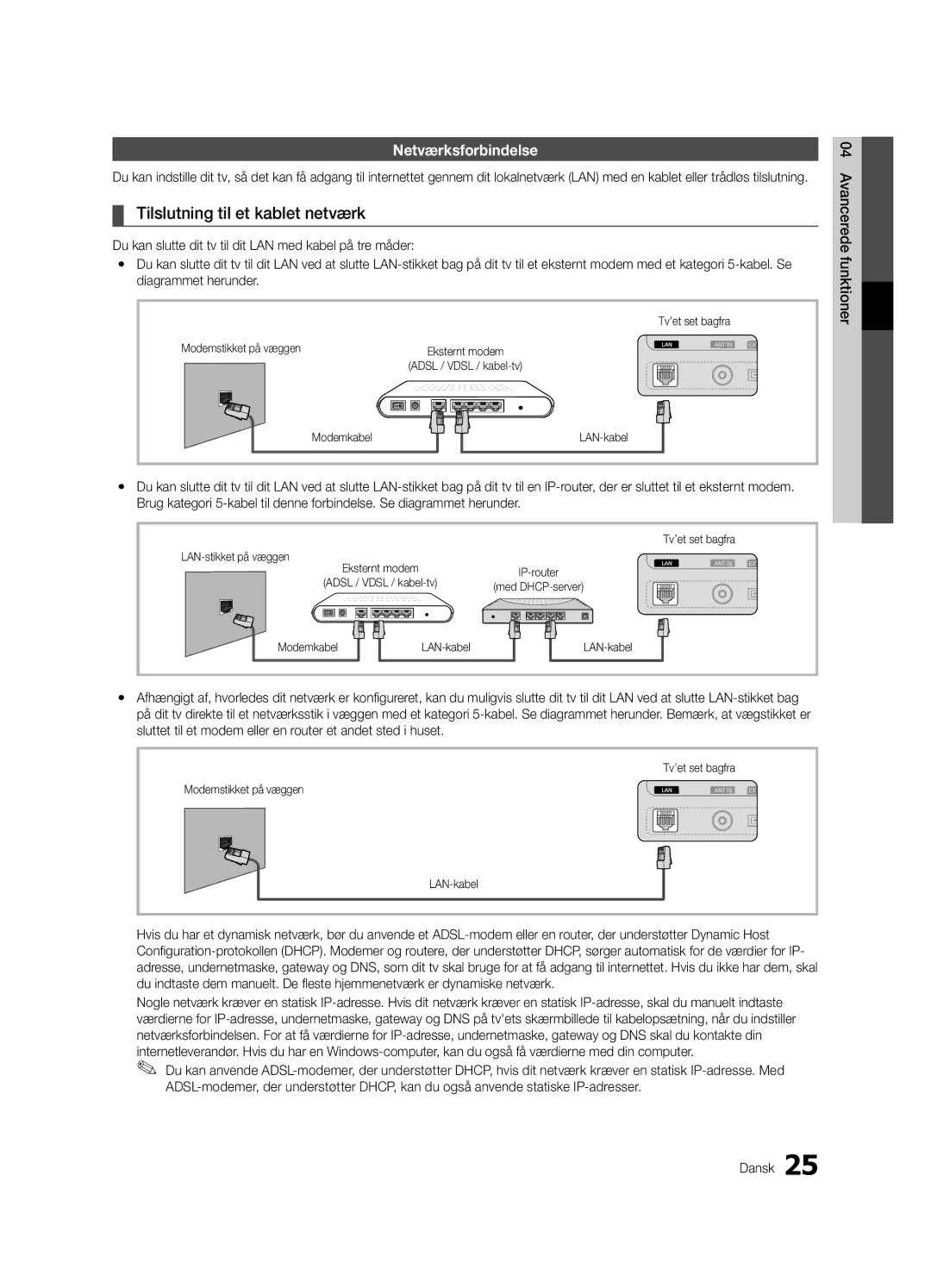 Samsung UE32C6005RWXXE, UE55C6005RWXXE, UE37C6005RWXXE manual Tilslutning til et kablet netværk, Netværksforbindelse 