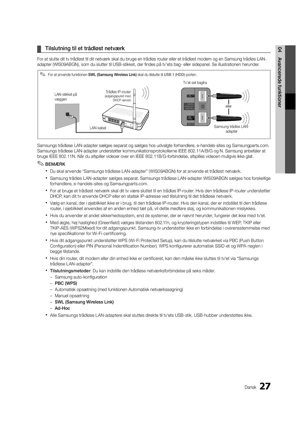 Samsung UE55C6005RWXXE, UE37C6005RWXXE, UE40C6005RWXXE, UE32C6005RWXXE Tilslutning til et trådløst netværk, Væggen, Adapter 