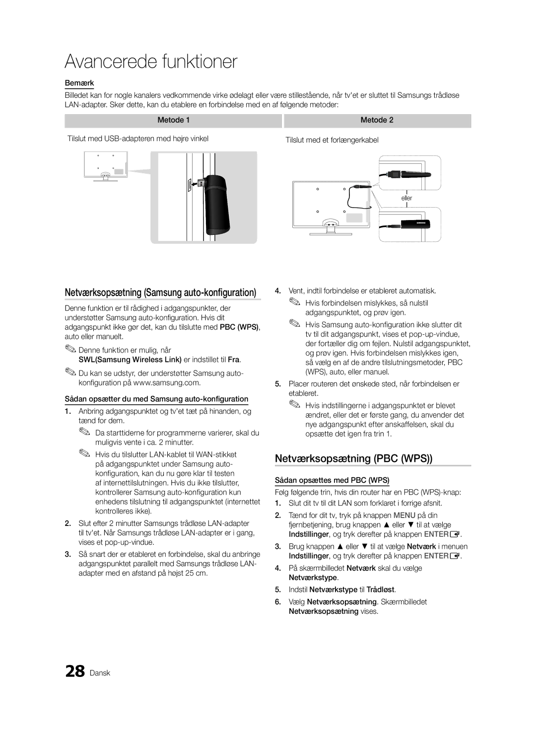 Samsung UE37C6005RWXXE, UE55C6005RWXXE, UE40C6005RWXXE manual Netværksopsætning PBC WPS, Adgangspunktet, og prøv igen 