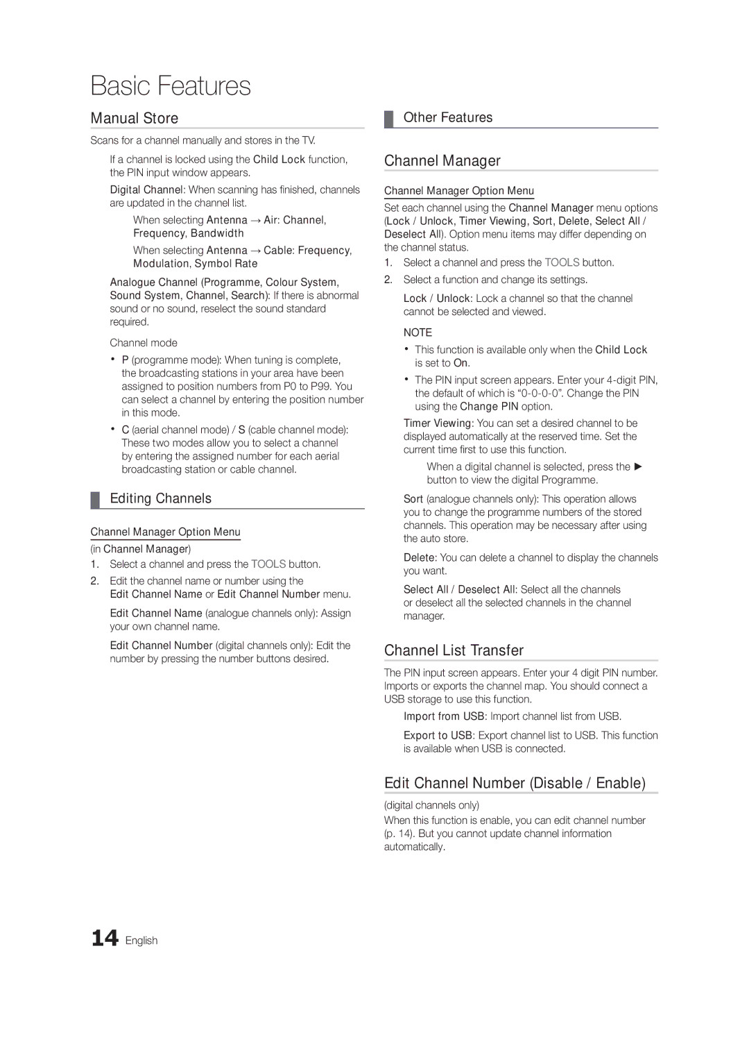 Samsung UE46C6005RWXXE manual Manual Store, Channel List Transfer, Edit Channel Number Disable / Enable, Editing Channels 