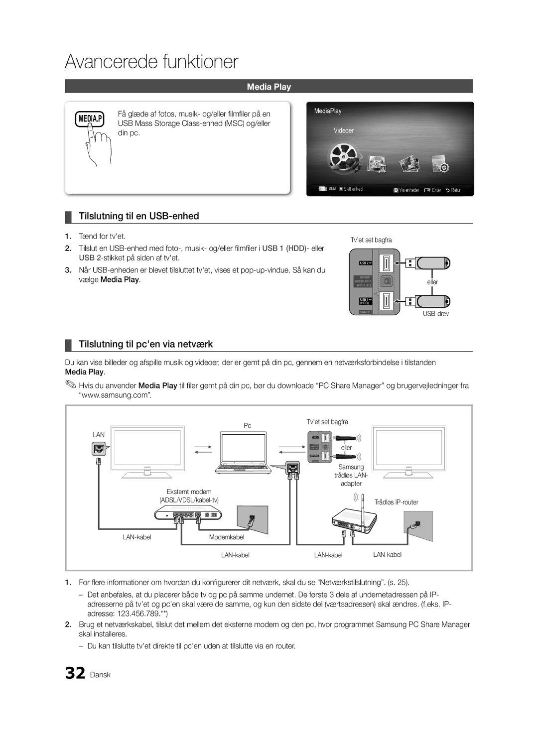 Samsung UE55C6005RWXXE, UE37C6005RWXXE manual Tilslutning til en USB-enhed, Tilslutning til pcen via netværk, Din pc 