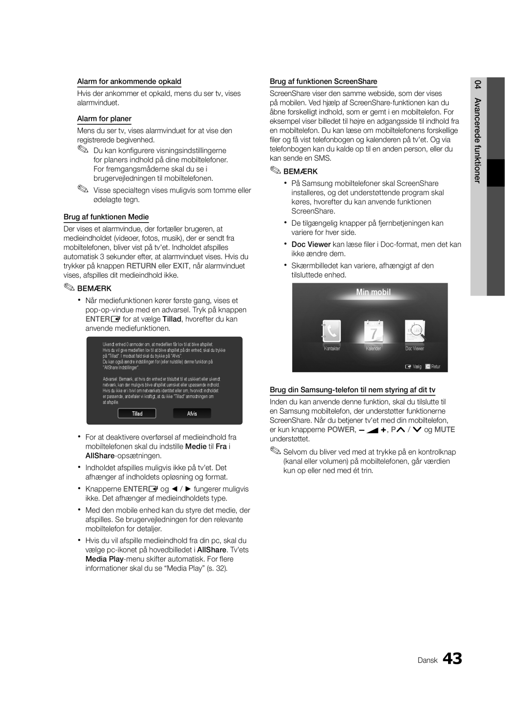 Samsung UE37C6005RWXXE, UE55C6005RWXXE, UE40C6005RWXXE, UE32C6005RWXXE manual Min mobil, Brug af funktionen ScreenShare 