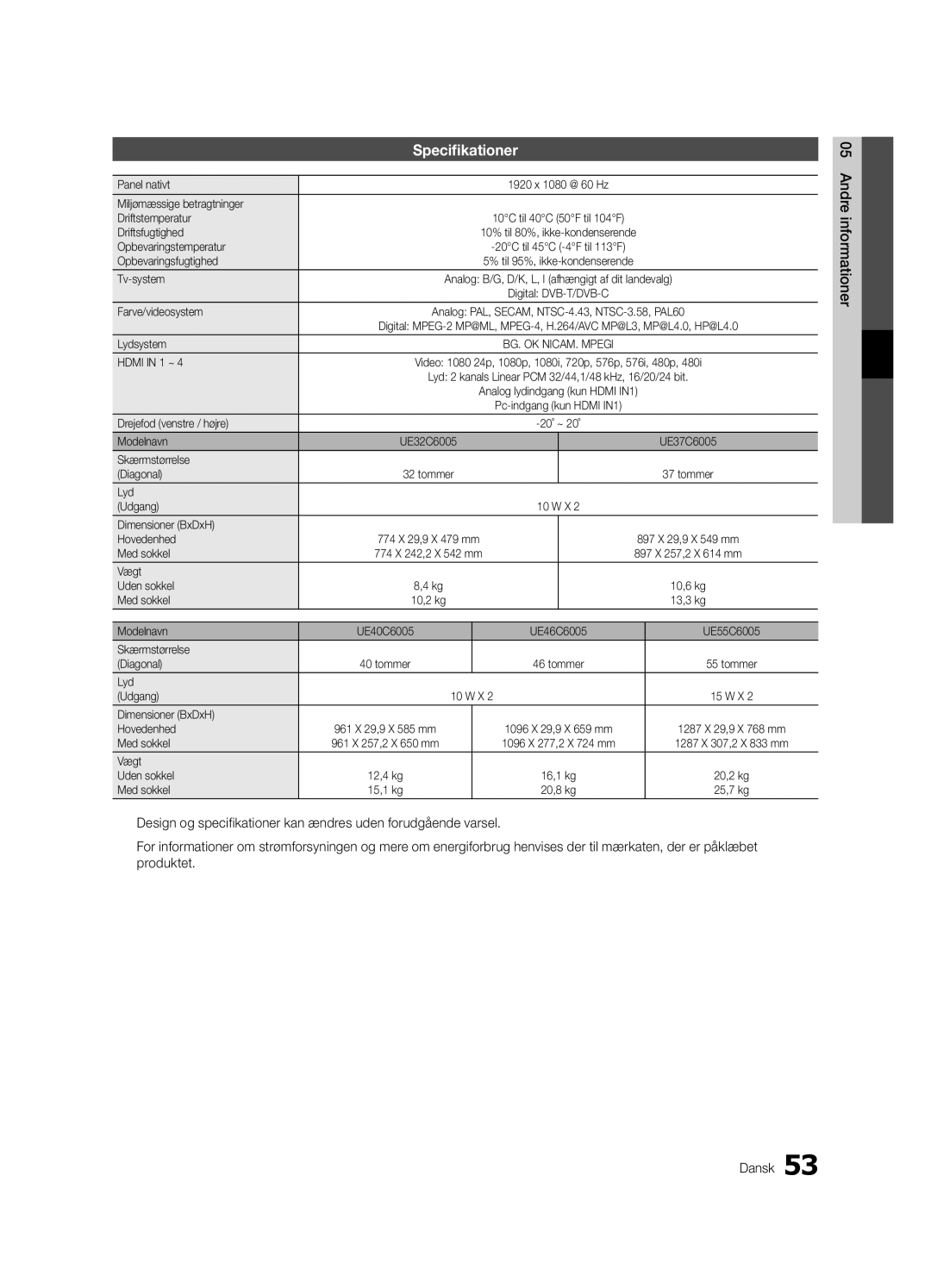 Samsung UE37C6005RWXXE Panel nativt, Miljømæssige betragtninger Driftstemperatur, Driftsfugtighed, Opbevaringstemperatur 