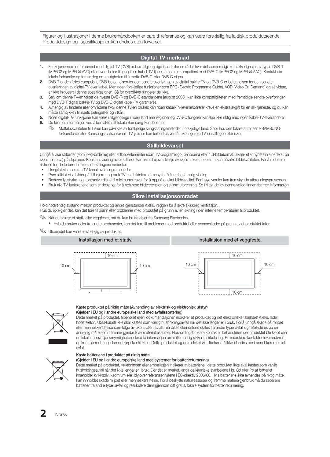 Samsung UE46C6005RWXXE, UE55C6005RWXXE, UE37C6005RWXXE manual Installasjon med et stativ Installasjon med et veggfeste, Norsk 