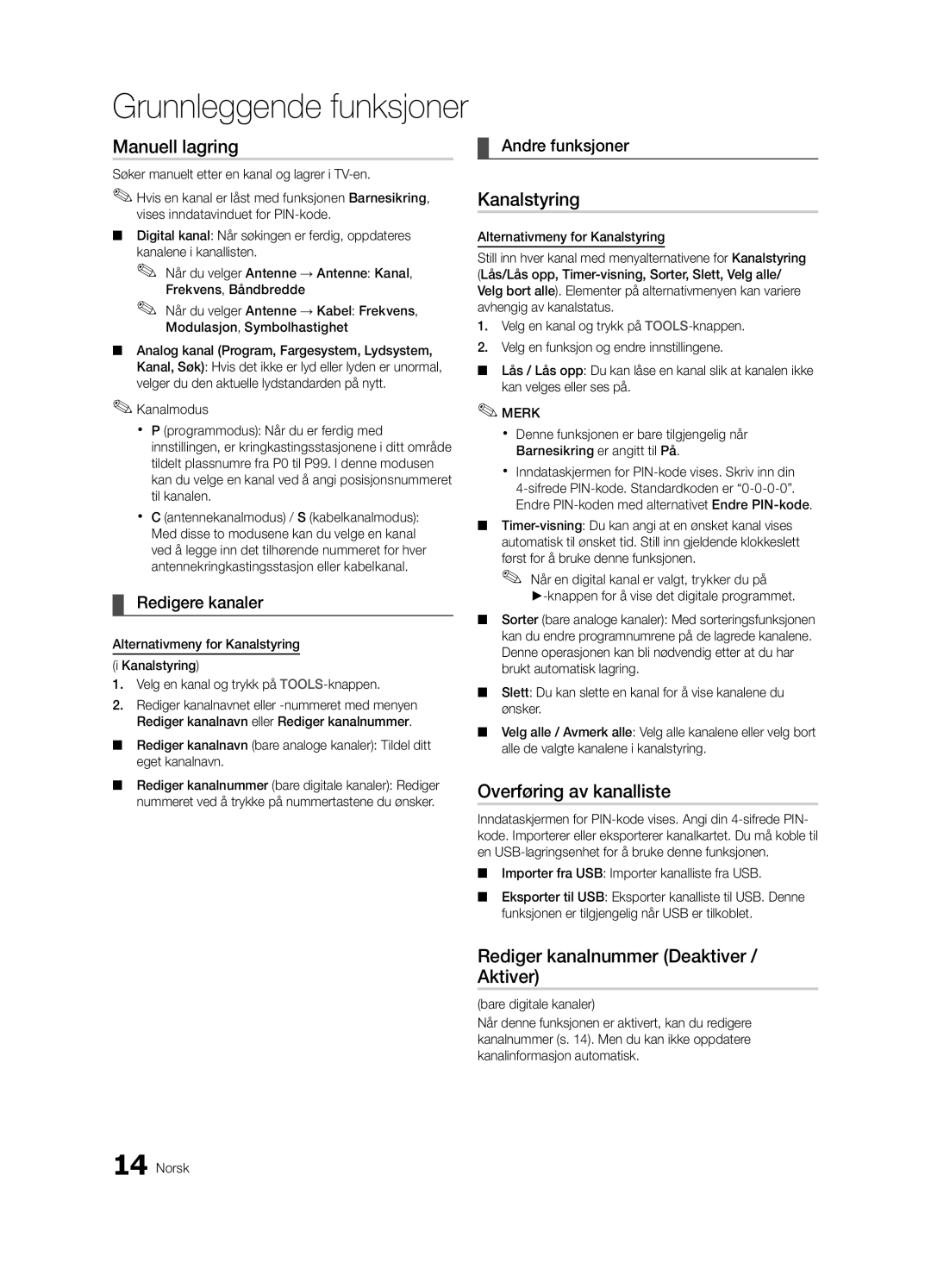 Samsung UE37C6005RWXXE, UE55C6005RWXXE Overføring av kanalliste, Rediger kanalnummer Deaktiver / Aktiver, Redigere kanaler 