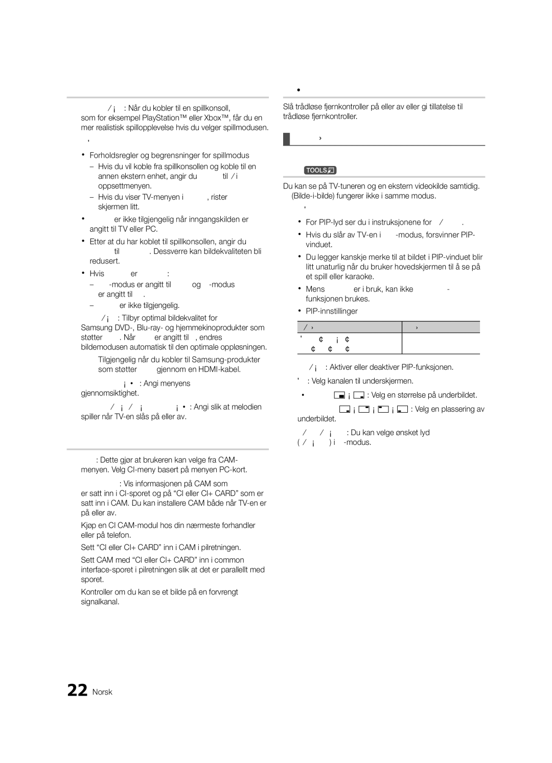 Samsung UE46C6005RWXXE, UE55C6005RWXXE, UE37C6005RWXXE, UE40C6005RWXXE manual Trådløs fjernkontroll, Bilde-i-bilde PIP 