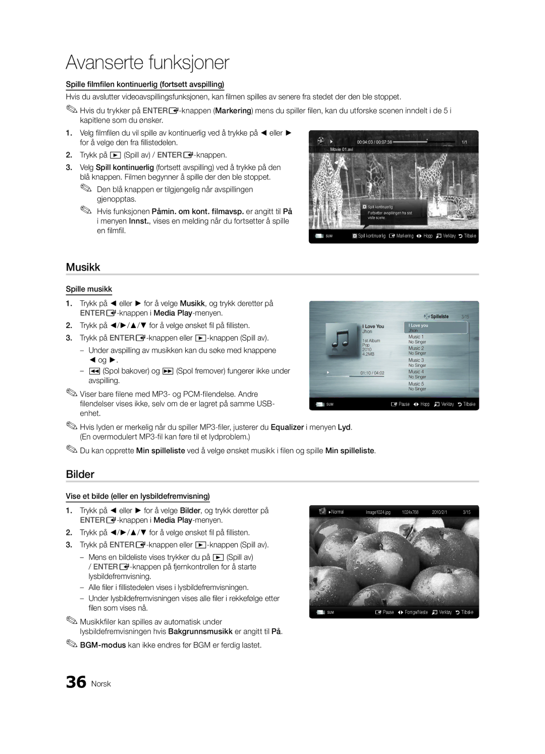 Samsung UE32C6005RWXXE, UE55C6005RWXXE manual Musikk, Bilder, BGM-modus kan ikke endres før BGM er ferdig lastet Norsk 