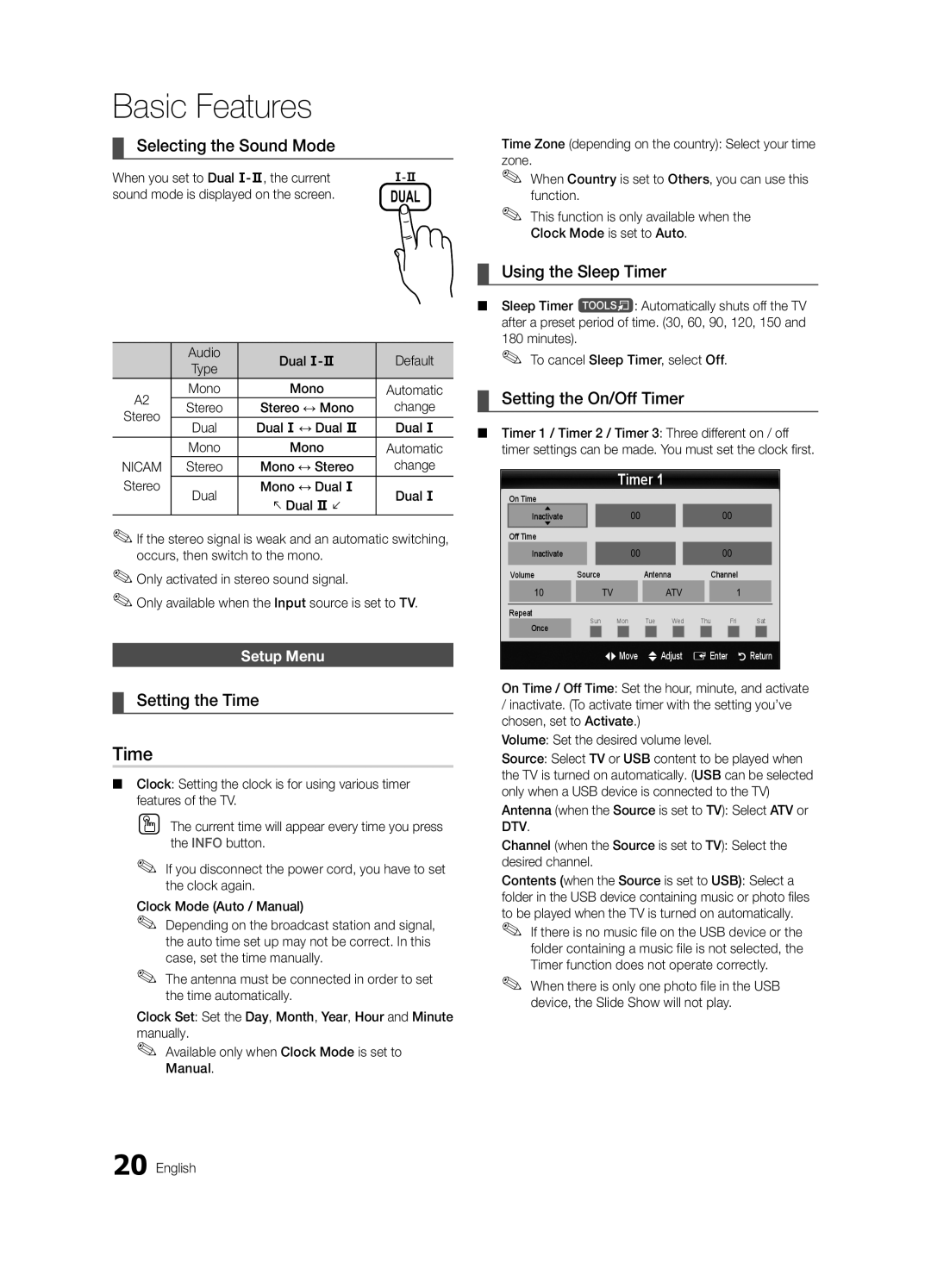 Samsung UE55C6005RWXXE Selecting the Sound Mode, Setting the Time, Using the Sleep Timer, Setting the On/Off Timer 