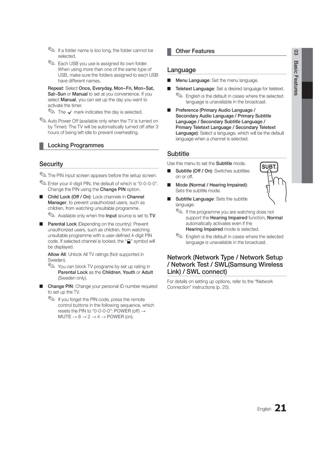 Samsung UE37C6005RWXXE, UE55C6005RWXXE, UE40C6005RWXXE, UE32C6005RWXXE manual Security, Language, Subtitle, Locking Programmes 