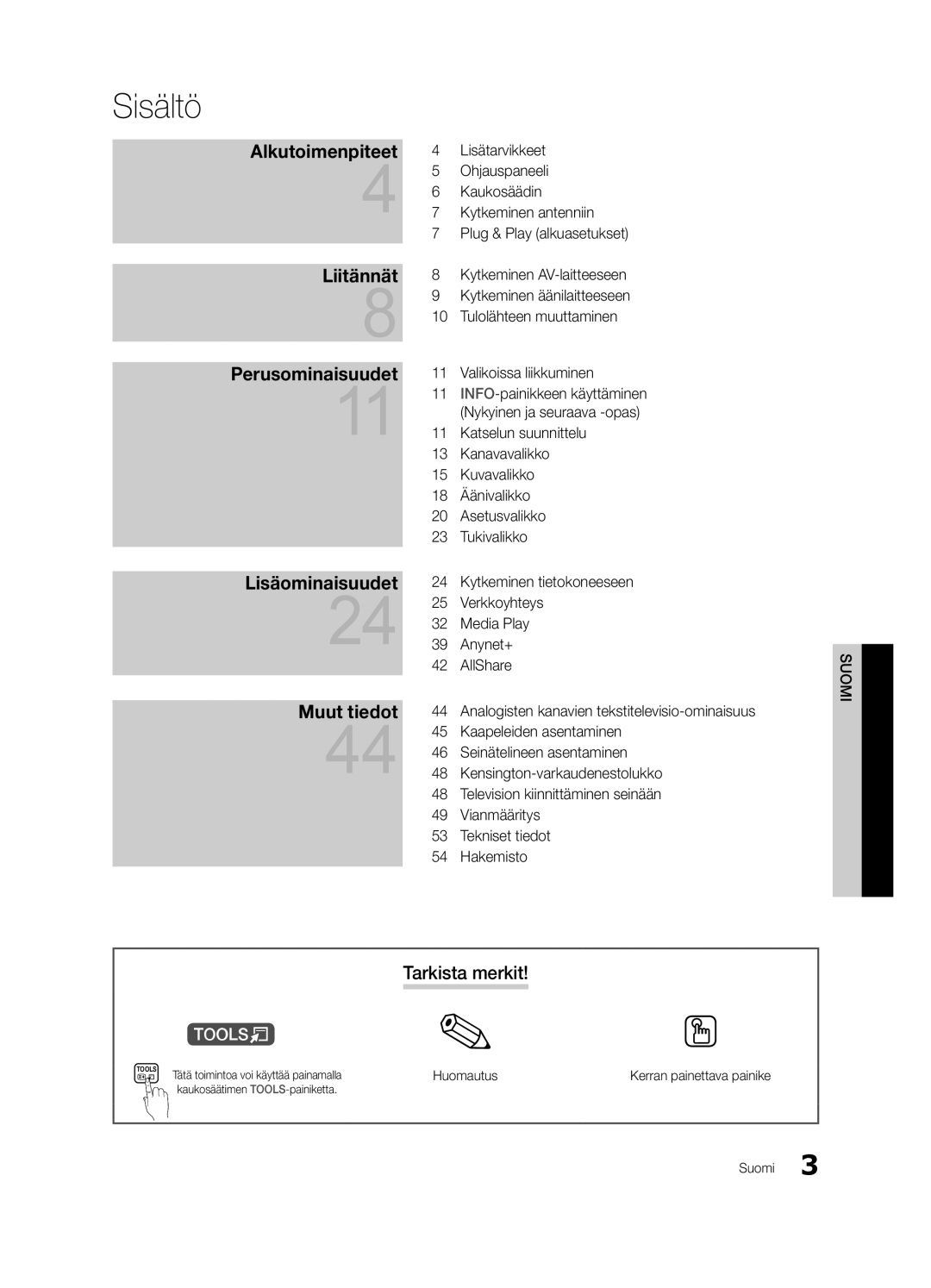 Samsung UE46C6005RWXXE manual Sisältö, Tarkista merkit, Analogisten kanavien tekstitelevisio-ominaisuus, Huomautus 